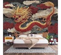 PatróN De Nube De DragóN Rojo Y Dorado Chino Fotomural para Pared de TNT 350x256 cm, Negro Papel Pintado Decorativo de Interiores para Salón Dormitorio Oficina Pasillo Comedor, Fácil de Instalar