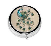 Patrón de pavo real. Este pequeño pastillero redondo es un organizador portátil de medicamentos de viaje con tres compartimentos para almacenar medicamentos diarios.