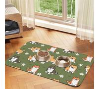 Patrón de Perro Shiba Inu con Flores y Fondo Verde,Tapete para Comida de Mascotas, manteles Individuales de Cuero sintético para Gatos y Perros,30x45cm