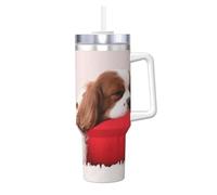 Patrón del Cavalier King Charles Spaniel,Botella de agua de acero inoxidable con asa para bebidas frías y calientes de 40 oz.