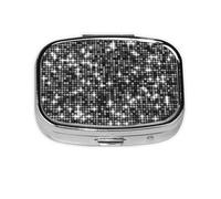 Patrón elegante brillante de lentejuelas plateadas negras, Pastillero cuadrado para bolsillo o monedero, pequeño contenedor de pastillas, organizador de pastillas de viaje