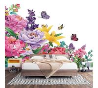 PatróN Floral Y de Mariposas Fotomural para Pared de Tela No Tejida 250x175 cm, Vistoso Papel Pintado Decorativo de Interiores para Salón Dormitorio Oficina Pasillo Comedor, Fácil de Instalar