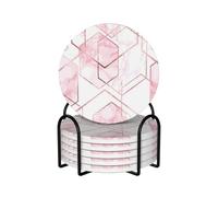 Patrón geométrico sin Costuras con líneas Doradas Brillantes y mármol Rosa,Posavasos Redondos de cerámica, Almohadilla para Tazas, Juego de 6 Posavasos para Bebidas