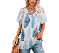 Patrón Hoja Helecho Acuarela Camisetas Verano para Mujer, Cuello En V, Impresión 3D Plantas Sencillas Manga Corta, Adecuado para Trabajo, Vida Diaria, Correr Usar Casa Azul Camisetas Manga Corta