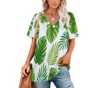Patrón Hojas Palma Y Monstera Tropical Camiseta De Manga Corta con Cuello En V para Mujer, Plantas La Selva Tropical, Talla Grande, Holgada, Verde