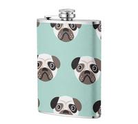 Patrón infantil con ilustración de cachorro azul de Pug,Frasco de acero inoxidable 304 de 8 oz con funda de cuero sintético, frasco de bolsillo para licor plano para exteriores