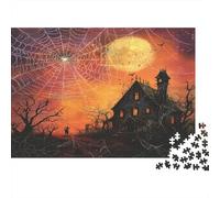 Patrón Navideño Divertido,Araña Web Haunted House Luna Llena Rompecabezas Sostenibles Estampados para Adultos De Madera De 1000pcs (75x50cm)