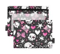 Patrón negro y rubor con calaveras blancas, fondo negro, bonito lazo en la cabeza, corazones, estrellas y lazos al estilo de Monster High, bolsas para lápices para carpetas de 3 anillos con ventana
