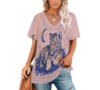 Patrón Tigre Dibujos Animados Camisetas con Cuello En V para Mujer Tallas Grandes Sueltas Camisetas De Manga Corta Lindas Impresiones Animales En 3D, Rosa