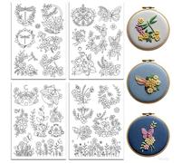 Patrones de bordado autoadhesivos solubles en agua, 4 hojas con 33 diseños, patrones de bordado, lámina de bordado soluble en agua para proyectos de bricolaje para principiantes (Flores y mariposas)