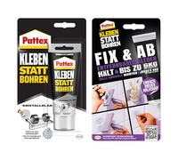 Pattex Set Adhesivo de montaje Glue instead of Drilling Crystal Clear 90 g, para pegado cristalino y Glue instead of Drilling Fix & Ab 44 g, adhesivo potente que aguanta hasta 6 kg