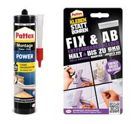 Pattex Set Adhesivo de montaje Power 370 g, adhesivo de construcción con fuerte adherencia inicial, máx. 150 kg/m² y Adhesivo en lugar de taladrar Fix & Ab 44 g, adhesivo power soporta hasta 6 kg