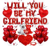 PAUBLLON Globos de látex con texto en inglés "Will You Be My Girlfriend" con 1000 pétalos de rosa artificiales, color rojo, decoraciones para el día de San Valentín, globos de látex para propuestas de