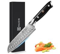 PAUDIN Cuchillo Santoku Damasco 17 cm, cuchillo de cocinero ultra afilado de 67 capas de acero Damasco con alma japonesa VG10, cuchillo de cocina profesional con mango ergonómico G10
