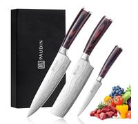 PAUDIN Juego de cuchillos de cocina Profesionales, 3 Pzas, Utensilios de Acero Inoxidable, Mango Madera, Cuchillos Chef Universal para Cortar Carne Verduras Pan Queso
