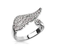 Paula & Fritz® Anillo para mujer, ajustable, alas de ángel, circonitas, transparente, plata 925, revestimiento de acero quirúrgico 316L, anillo central abierto ajustable, Acero inoxidable acero