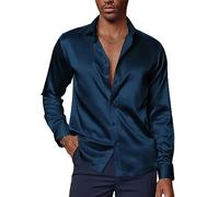 PaulJones Camisa de negocios para hombre, manga larga, sin planchado, satén, fiesta, boda, camisa con pajarita a juego, azul oscuro, M