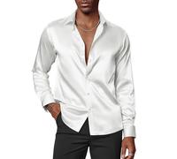 PaulJones Camisas de vestir para hombre, de seda, de manga larga, con lentejuelas, sin planchado, con pajarita, blanco, XXL