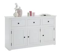 PAULO - Aparador de madera maciza de pino con 3 cajones y 3 puertas, 135 x 80 x 40 cm, lacado en blanco, mucho espacio de almacenamiento, tiradores de metal, para dormitorio, cocina, pasillo, salón,