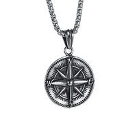 PAURO Anillo Hombres Acero Inoxidable Antiguo Ronda Brújula Colgante Punk Collar Plata Negro con Cadena