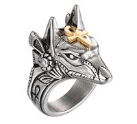 PAURO Anillo para Homre Acero Inoxidable Antiguo Dios Egipcio Anubis Amuleto Lobo Cabeza con Oro Ankh Cruz Tamaño 17