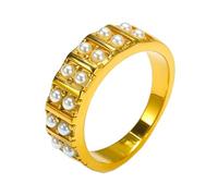 PAURO Hombre Acero Inoxidable Exquisita Personalidad Retro Doble Fila Imitación Perla Temperamento Anillo Oro Talla 19