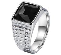 PAURO Hombre Acero Inoxidable Statement Piedra Anillos Ajuste Comodo Audaz Sello Estilo Promesa Banda Ajuste Comodo Facetado Cuadrado Piedra Joyería Plata Negro Talla 19