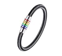 PAURO Hombre Mujer Acero Inoxidable 6MM Pulsera Trenzada LGBT Arco Iris Orgullo Lésbico Gay Negro Plata 220MM
