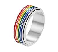 PAURO Hombres y Mujeres Acero Inoxidable 8MM LGBTQ Orgullo Felicidad Arcoíris Rotatable Pareja Anillo Plata Talla 19