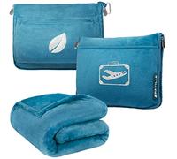 PAVILIA Almohada de Viaje en Bolsa Suave con Bolsillos, Juego de avión, compacta y Plegable, Almohada de Coche Flight Essentials, Regalos de Accesorios de Viajero, Correa de Equipaje, Turquesa, Azul