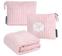 PAVILIA Almohada de Viaje en Bolsa Suave con Bolsillos, Juego de Manta de avión, Manta compacta Plegable, Almohada de Coche Esencial para Vuelo, Accesorios de Viaje, Correa de Equipaje, Rosa Claro