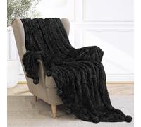 PAVILIA Black Sherpa Throw Blanket with Soft Pom Pom Fringe Plush Coz