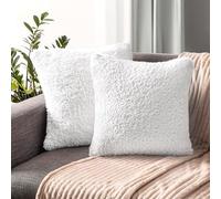 PAVILIA Juego de 2 fundas de almohada blancas esponjosas, fundas de almohada decorativas para cama, sofá, funda de cojín de piel sintética suave, fundas de almohada cuadradas de sherpa, decoración del