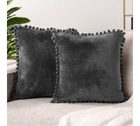 PAVILIA - Juego de 2 fundas de almohada decorativas de 20 x 20 cm, color gris oscuro, con pompones, para dormitorio, cojines peque os est ticos p