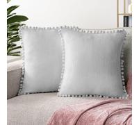 PAVILIA - Juego de 2 fundas de almohada decorativas de 45,7 x 45,7 cm, color gris claro y con pompones, para dormitorio, peque as almohadas est t