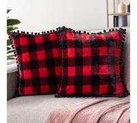 PAVILIA - Juego de 2 fundas de almohada decorativas de 45,7 x 45,7 cm con pompones rojos y negros, para dormitorio, con estampado de cuadros esco