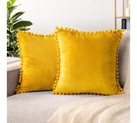 PAVILIA - Juego de 2 fundas de almohada decorativas de terciopelo amarillo mostaza con pomp n (45,7 x 45,7 cm), para dormitorio, peque as almohad