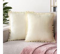 PAVILIA - Juego de 2 fundas de almohada decorativas de terciopelo beige crema con pomp n (20 x 20 cm), dise o de cojines peque os para cama, sof
