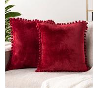 PAVILIA - Juego de 2 fundas de almohada decorativas de terciopelo rojo burdeos con pomp n, 45,7 x 45,7 cm, para dormitorio, peque as almohadas de