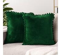 PAVILIA Juego de 2 Fundas de cojín de Color Verde Esmeralda, 18 x 18 Pulgadas, con Pompones, Fundas de cojín Decorativas de Terciopelo para sofá o Cama, Funda de Almohada de Forro Polar Verde Oscuro