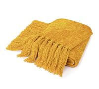 PAVILIA Manta de chenilla amarilla mostaza para cama individual, suave manta de punto dorado con flecos y borlas, manta decorativa tejida de chen