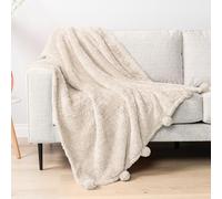 PAVILIA Manta de Felpa Sherpa con Flecos de Pompones, Color Crema Marfil Beige, Manta de Forro Polar Esponjoso con borlas para sofá, Cama, sofá, Manta Decorativa Suave, mullida, Ligera, 50 x 60