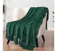 PAVILIA Manta de felpilla con Flecos con borlas, Manta de Punto Decorativa con Textura Aterciopelada para sofá o Cama, Manta de Punto Suave, Bohemia, acogedora, Ligera, Verde Esmeralda, 50 x 60