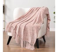 PAVILIA Manta de felpilla rosa rubor para sofá, manta de punto rosa claro suave con flecos de borlas, manta decorativa tejida de felpilla tejida para sofá, cama, sala de estar, regalo decorativo, 50 x