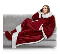 PAVILIA Manta de forro polar con mangas y bolsillos para los pies para mujeres adultas, hombres | Manta de forro polar usable, cálida, acogedora, extra suave para sofá sofá o juegos (vino)