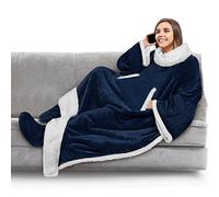 PAVILIA Manta de forro polar con mangas y bolsillos para los pies para mujeres adultas, hombres | Manta de forro polar usable, cálida, acogedora, extra suave para sofá sofá o juegos (azul marino)