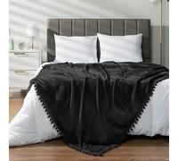 PAVILIA Manta de forro polar para sofá con flecos de pompones, color negro, manta de franela suave y acogedora para sofá cama, manta grande y ligera de felpa para todas las estaciones, 60 x 80
