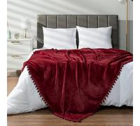 PAVILIA Manta de forro polar para sofá con flecos de pompones, rojo borgoña granate, manta de franela suave y acogedora para sofá cama, manta grande y ligera de felpa para todas las estaciones, 60 x