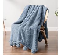 PAVILIA Manta de sherpa azul polvoriento con flecos suaves con pompones, mantas cálidas y acogedoras de felpa para sofá, cama, manta de forro polar mullido con pompones, ligera y esponjosa, azul, 50 x