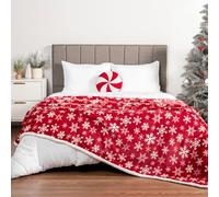PAVILIA Manta de Sherpa de Navidad con Copo de Nieve Rojo, Ultra Suave, Reversible, de Forro Polar, 60 x 80 Pulgadas, Manta de Invierno para sofá y Cama, acogedora decoración navideña para el hogar